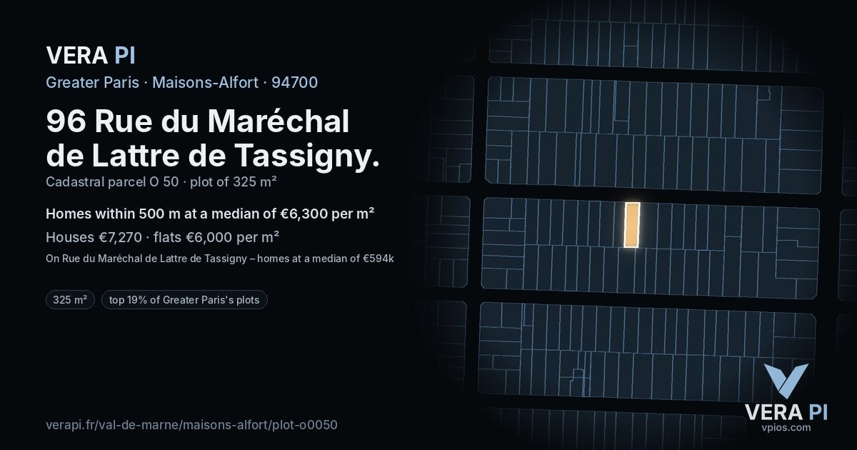 96 Rue du Maréchal de Lattre de Tassigny, Maisons-Alfort at night – the plot lit, the parcels around coloured by the prices near them