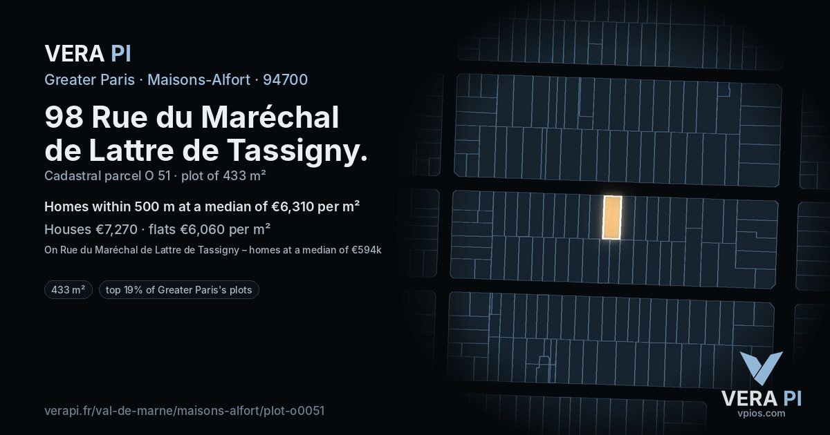 98 Rue du Maréchal de Lattre de Tassigny, Maisons-Alfort at night – the plot lit, the parcels around coloured by the prices near them