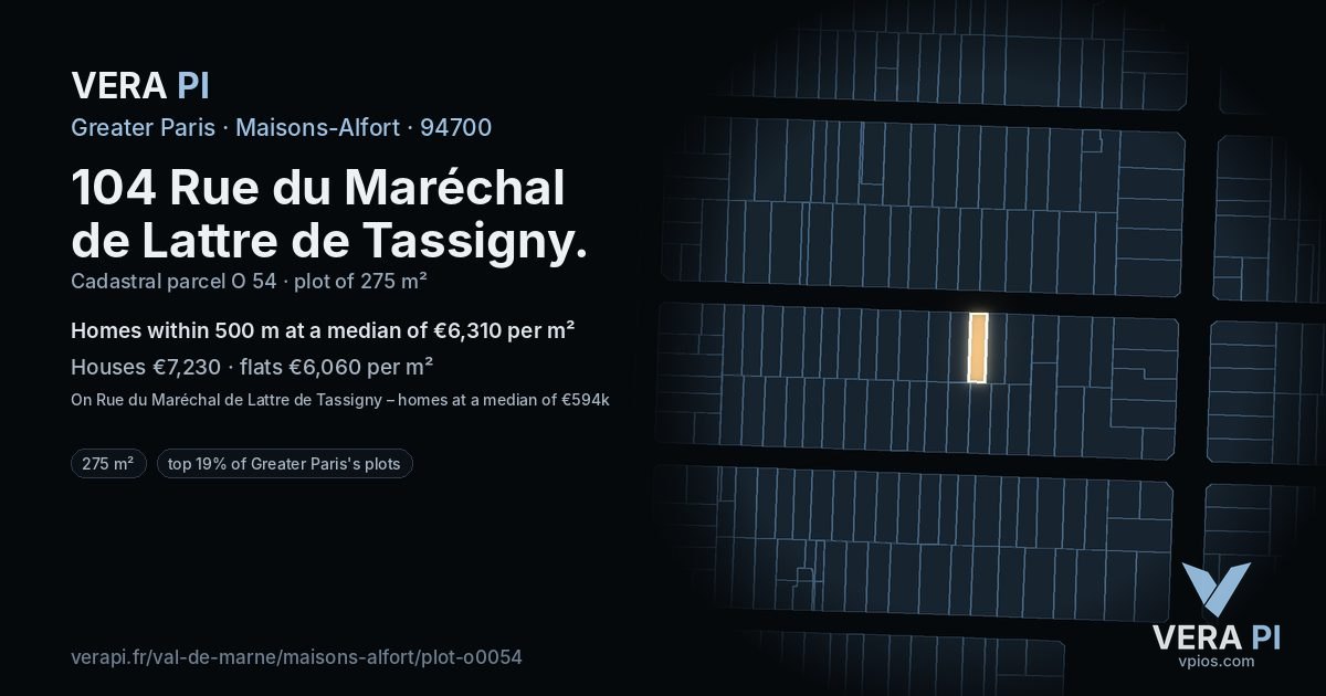 104 Rue du Maréchal de Lattre de Tassigny, Maisons-Alfort at night – the plot lit, the parcels around coloured by the prices near them