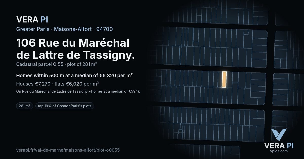106 Rue du Maréchal de Lattre de Tassigny, Maisons-Alfort at night – the plot lit, the parcels around coloured by the prices near them