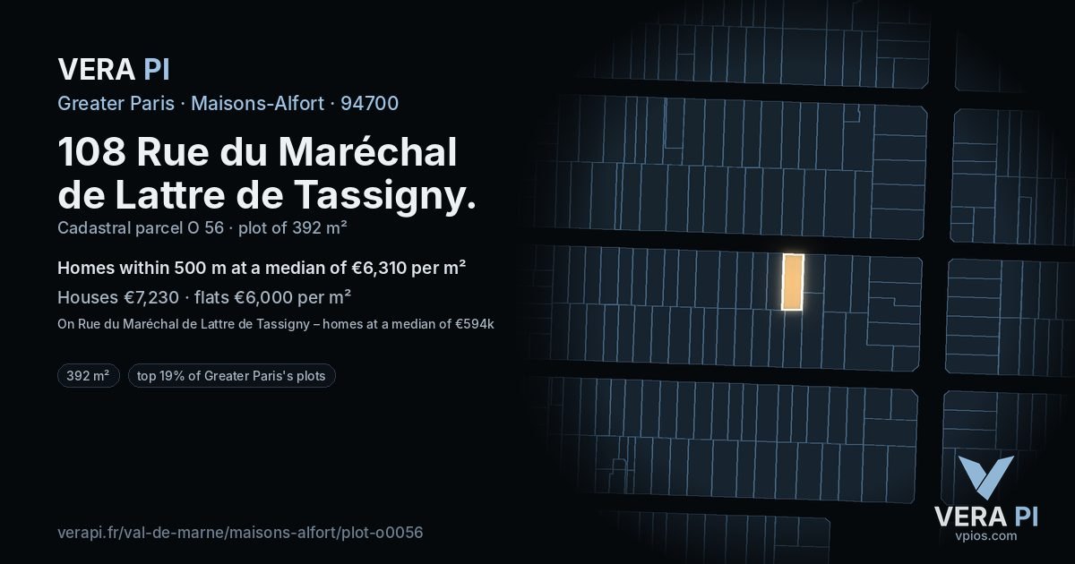 108 Rue du Maréchal de Lattre de Tassigny, Maisons-Alfort at night – the plot lit, the parcels around coloured by the prices near them