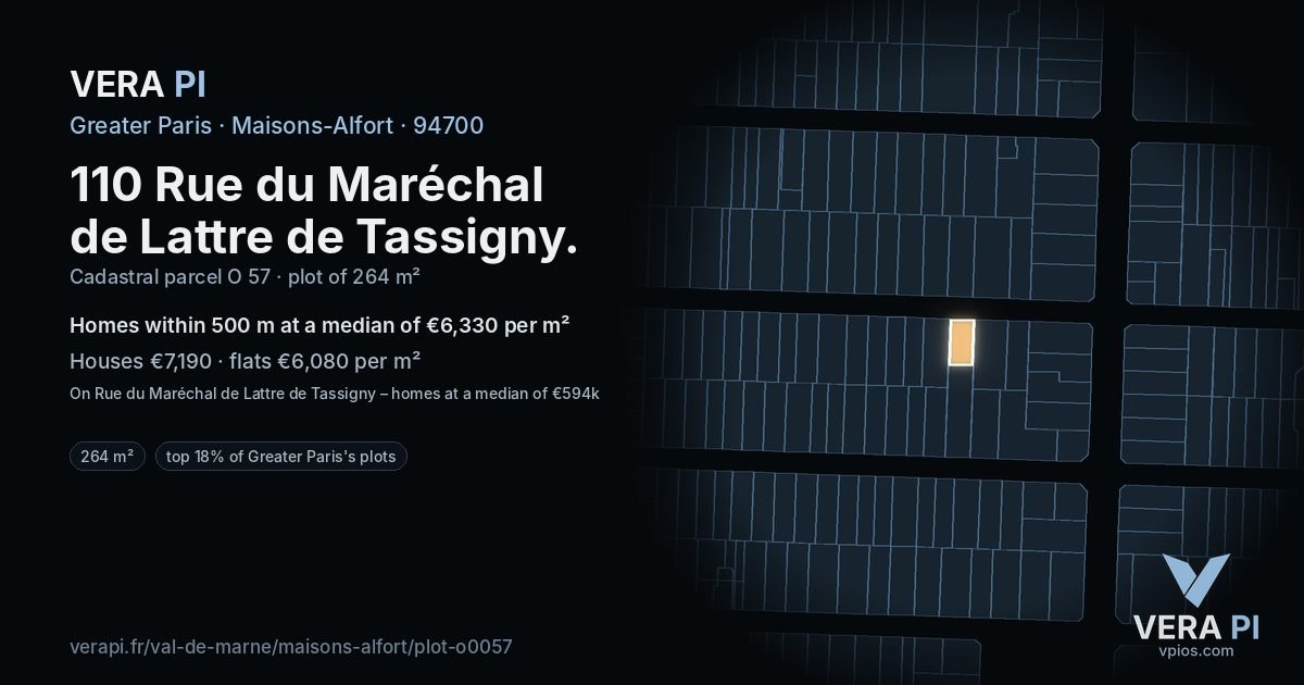 110 Rue du Maréchal de Lattre de Tassigny, Maisons-Alfort at night – the plot lit, the parcels around coloured by the prices near them