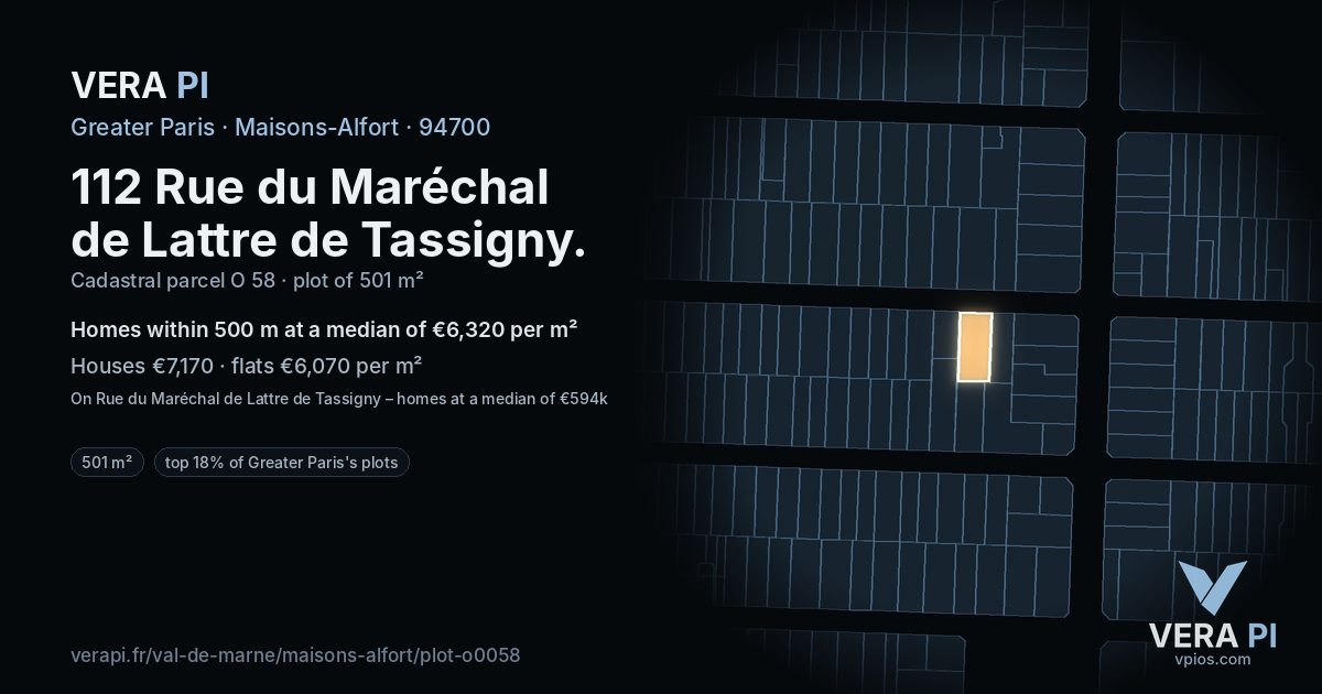 112 Rue du Maréchal de Lattre de Tassigny, Maisons-Alfort at night – the plot lit, the parcels around coloured by the prices near them