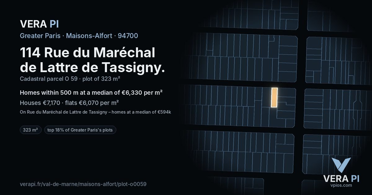 114 Rue du Maréchal de Lattre de Tassigny, Maisons-Alfort at night – the plot lit, the parcels around coloured by the prices near them