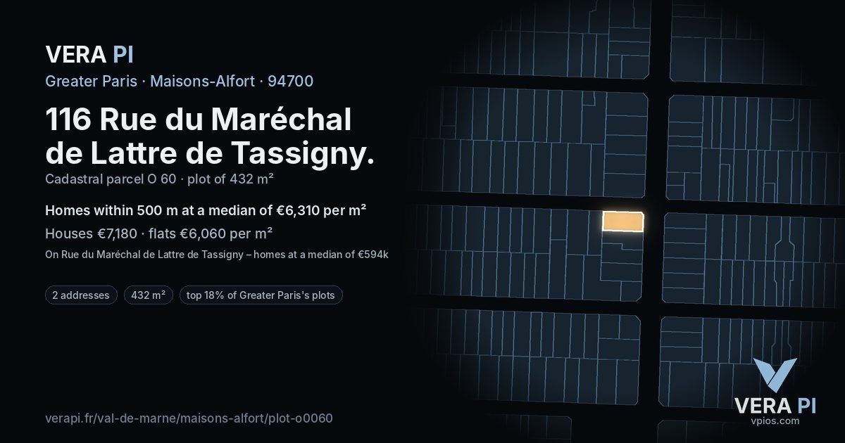 116 Rue du Maréchal de Lattre de Tassigny, Maisons-Alfort at night – the plot lit, the parcels around coloured by the prices near them