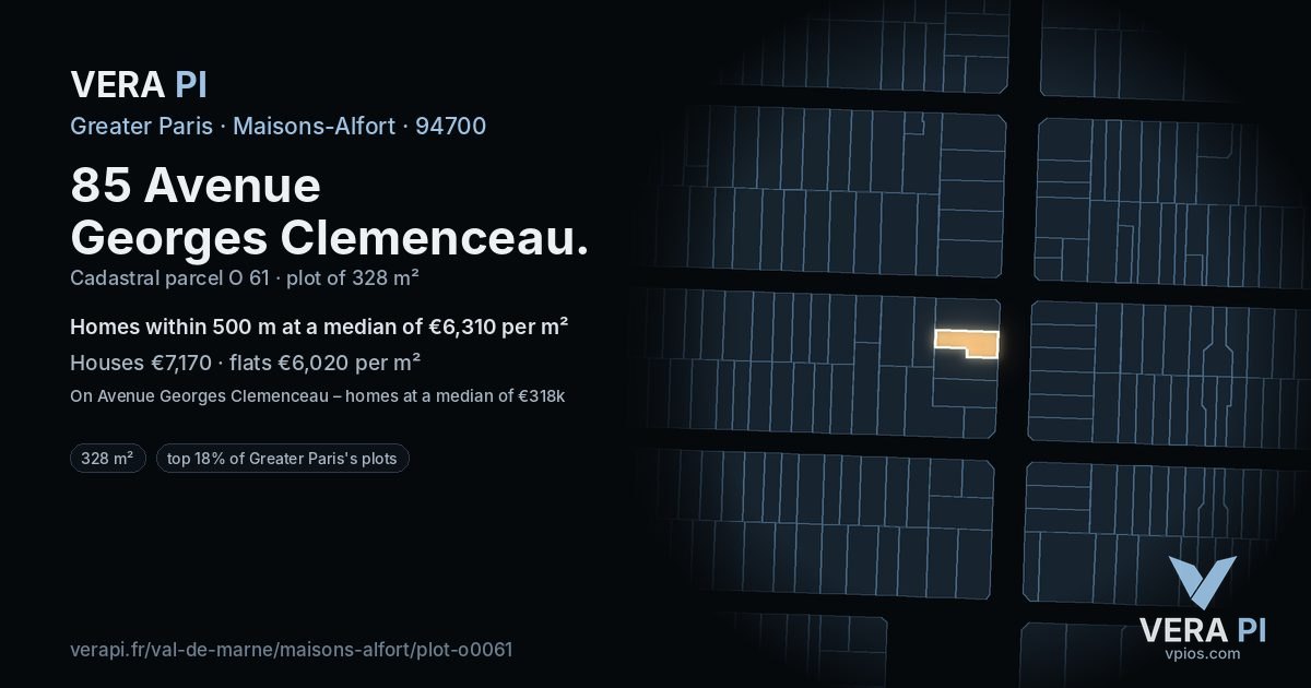 85 Avenue Georges Clemenceau, Maisons-Alfort at night – the plot lit, the parcels around coloured by the prices near them