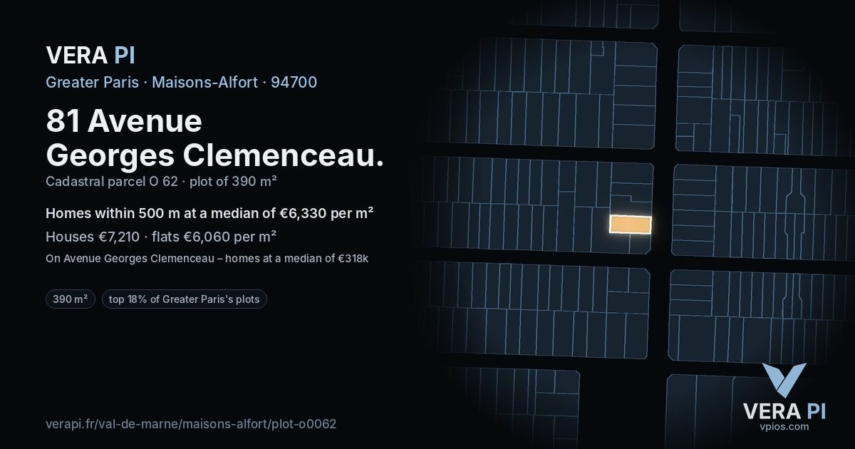 81 Avenue Georges Clemenceau, Maisons-Alfort at night – the plot lit, the parcels around coloured by the prices near them