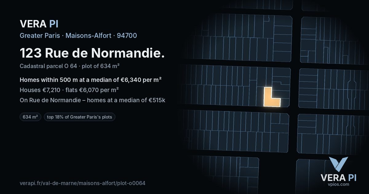 123 Rue de Normandie, Maisons-Alfort at night – the plot lit, the parcels around coloured by the prices near them
