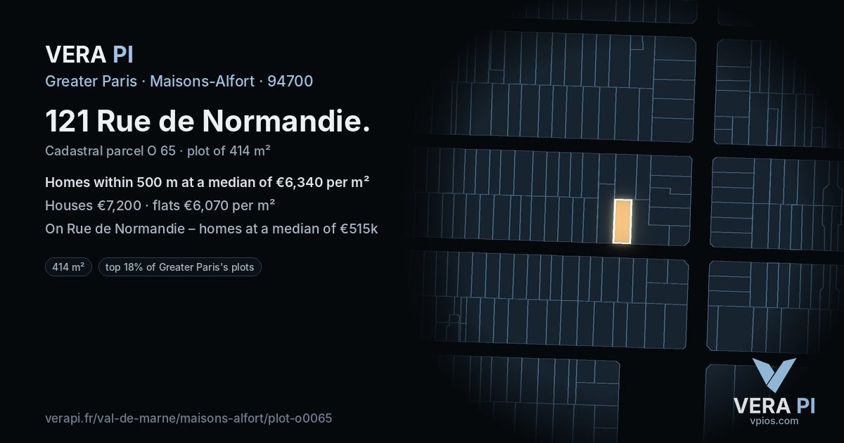 121 Rue de Normandie, Maisons-Alfort at night – the plot lit, the parcels around coloured by the prices near them