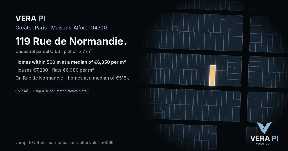 119 Rue de Normandie, Maisons-Alfort at night – the plot lit, the parcels around coloured by the prices near them
