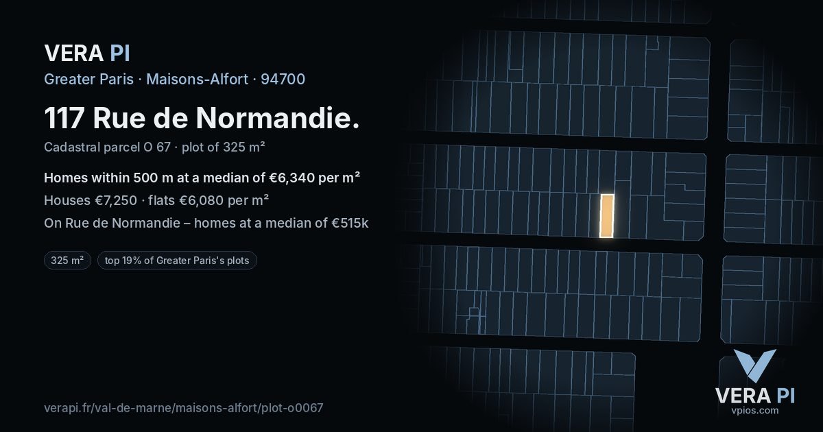 117 Rue de Normandie, Maisons-Alfort at night – the plot lit, the parcels around coloured by the prices near them