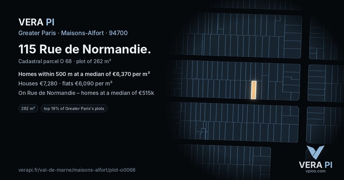 115 Rue de Normandie, Maisons-Alfort at night – the plot lit, the parcels around coloured by the prices near them