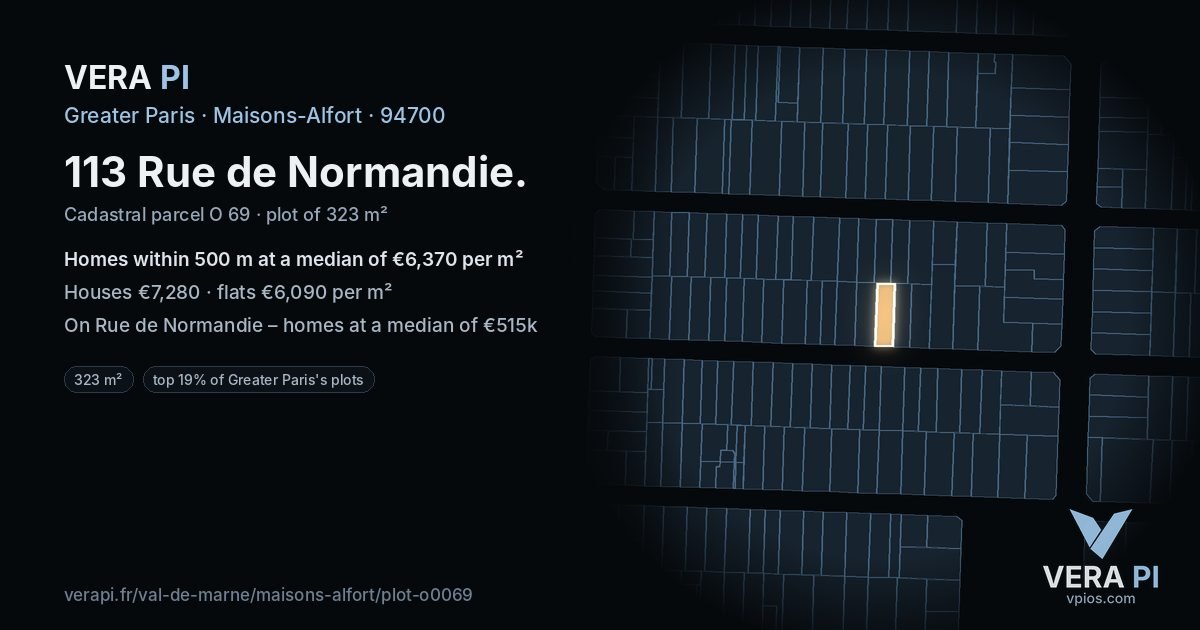 113 Rue de Normandie, Maisons-Alfort at night – the plot lit, the parcels around coloured by the prices near them