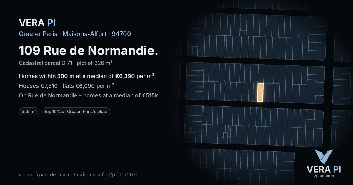 109 Rue de Normandie, Maisons-Alfort at night – the plot lit, the parcels around coloured by the prices near them