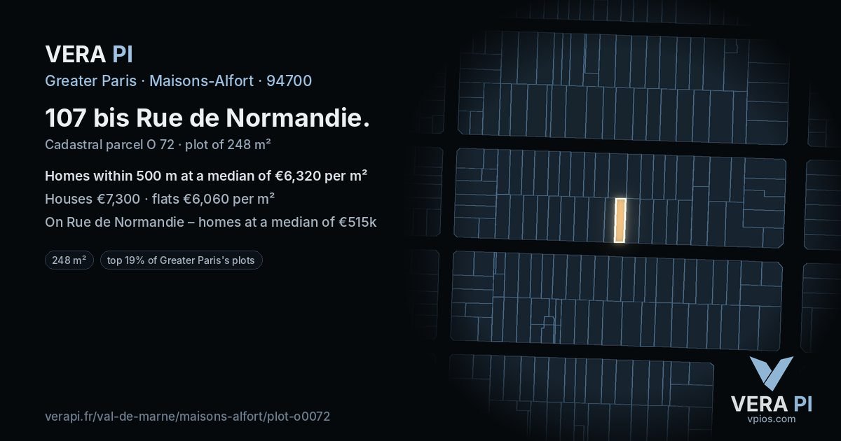 107 bis Rue de Normandie, Maisons-Alfort at night – the plot lit, the parcels around coloured by the prices near them