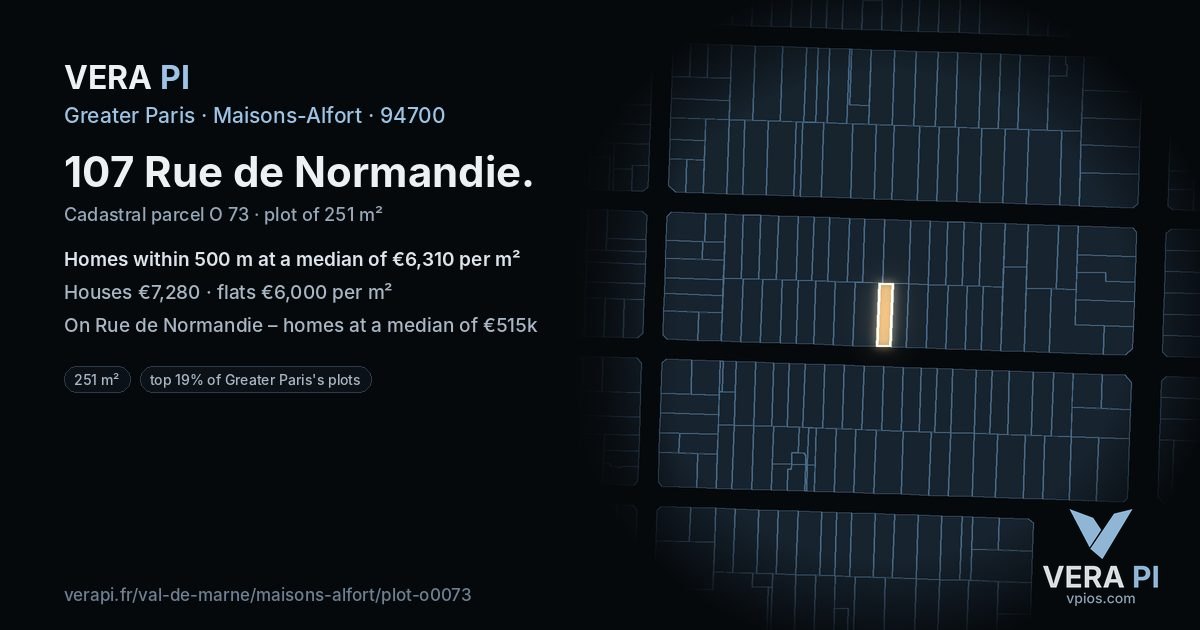 107 Rue de Normandie, Maisons-Alfort at night – the plot lit, the parcels around coloured by the prices near them