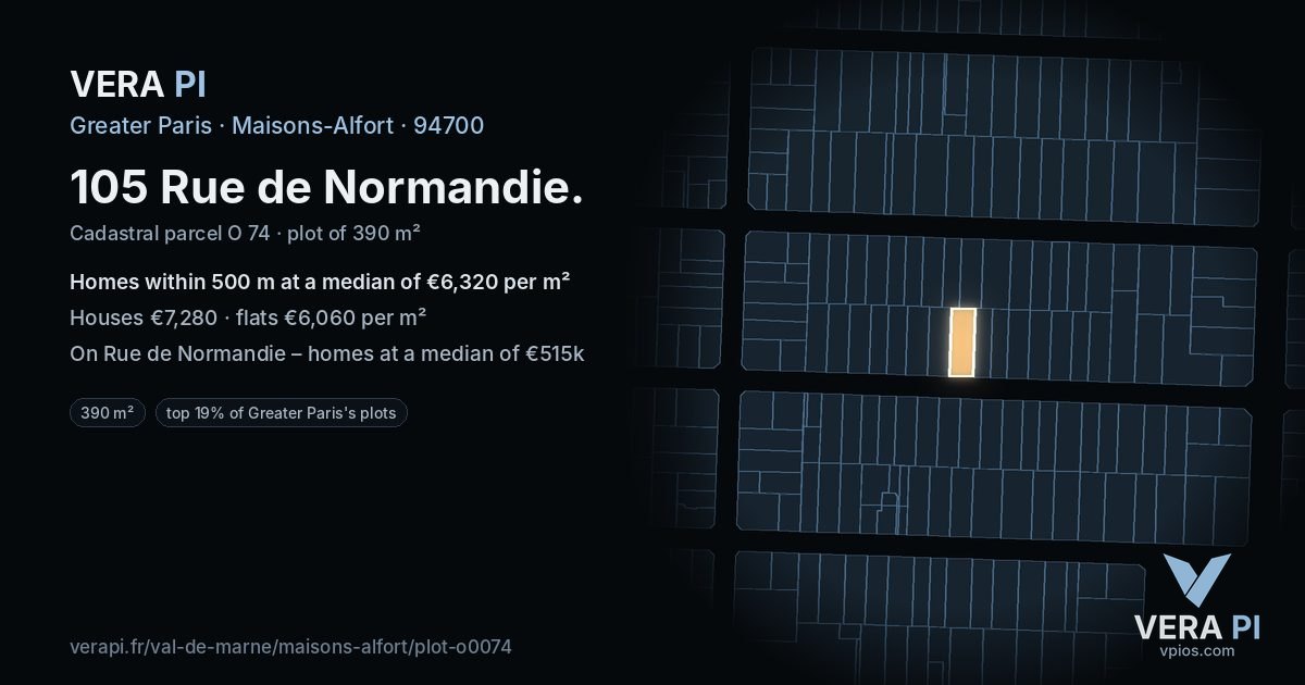 105 Rue de Normandie, Maisons-Alfort at night – the plot lit, the parcels around coloured by the prices near them