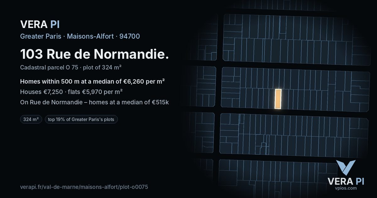 103 Rue de Normandie, Maisons-Alfort at night – the plot lit, the parcels around coloured by the prices near them
