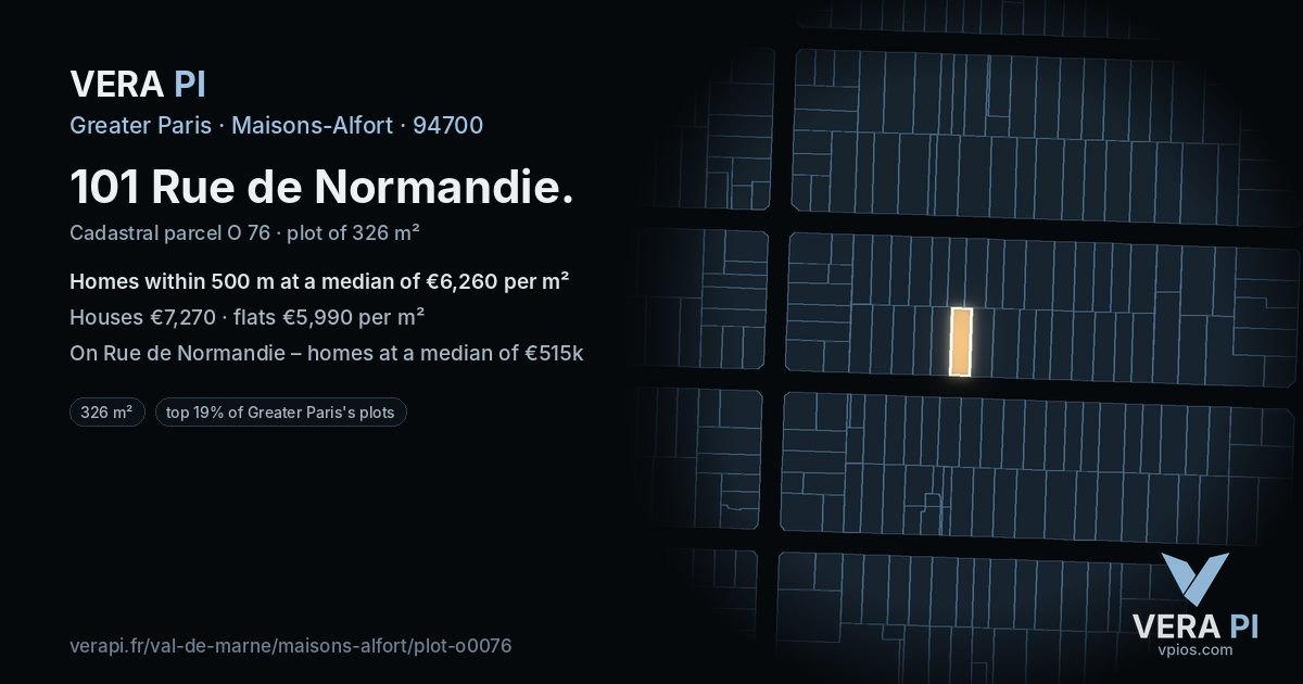 101 Rue de Normandie, Maisons-Alfort at night – the plot lit, the parcels around coloured by the prices near them