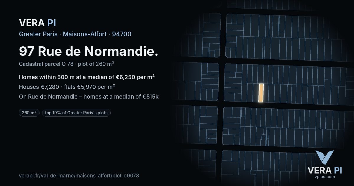 97 Rue de Normandie, Maisons-Alfort at night – the plot lit, the parcels around coloured by the prices near them