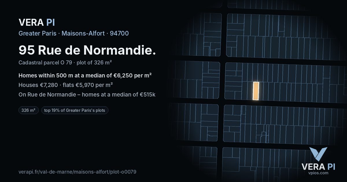 95 Rue de Normandie, Maisons-Alfort at night – the plot lit, the parcels around coloured by the prices near them