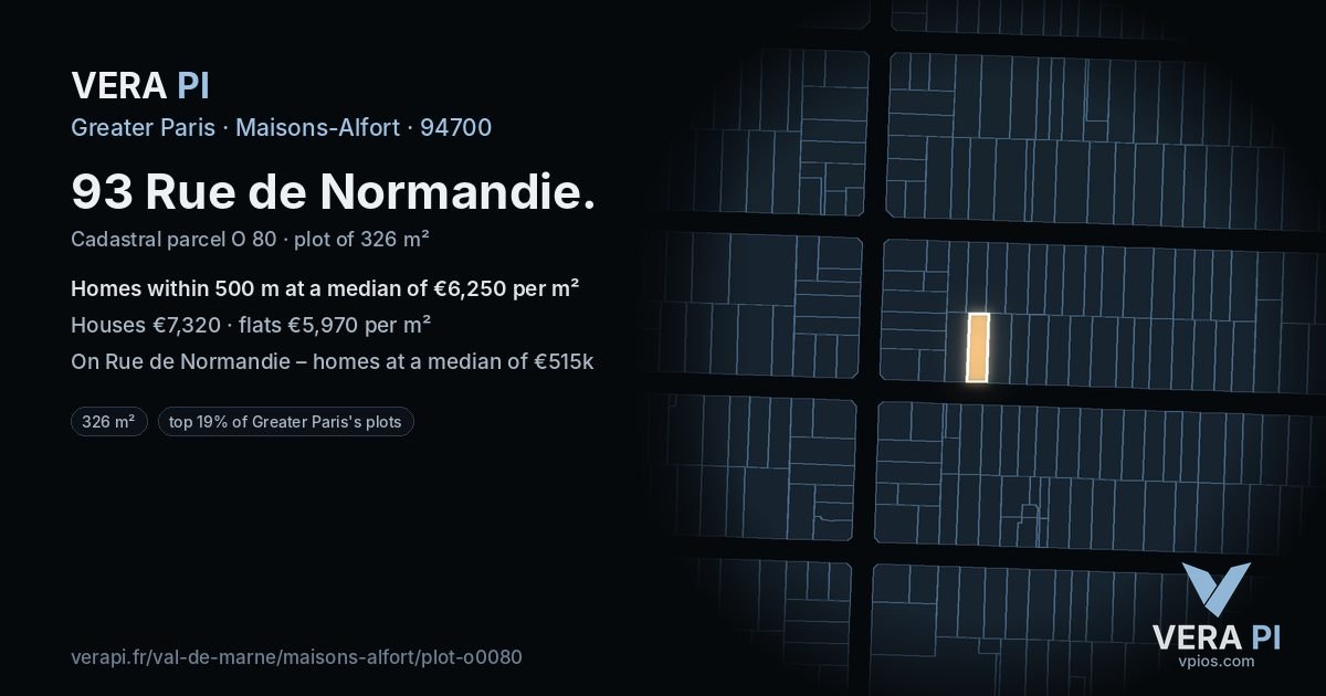 93 Rue de Normandie, Maisons-Alfort at night – the plot lit, the parcels around coloured by the prices near them