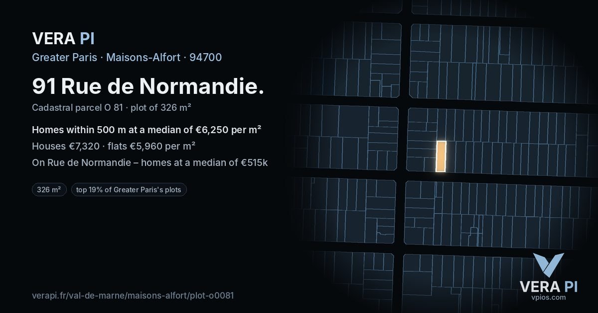 91 Rue de Normandie, Maisons-Alfort at night – the plot lit, the parcels around coloured by the prices near them