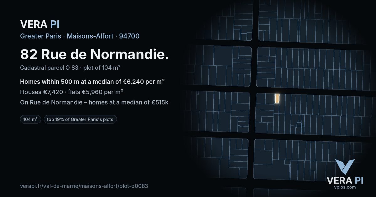 82 Rue de Normandie, Maisons-Alfort at night – the plot lit, the parcels around coloured by the prices near them