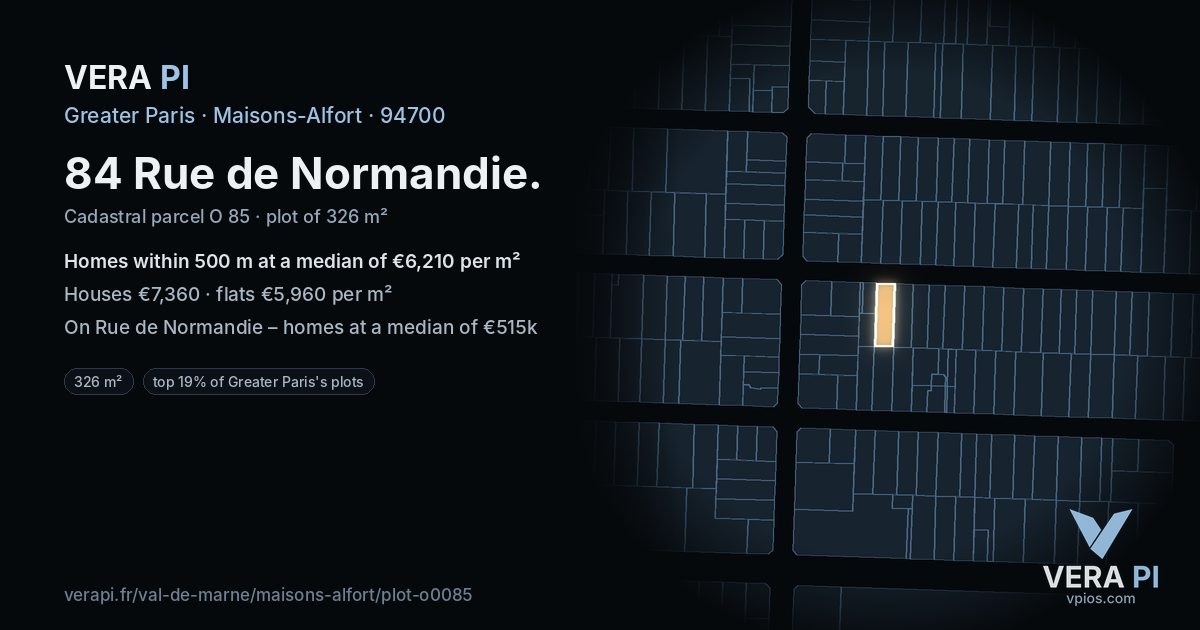 84 Rue de Normandie, Maisons-Alfort at night – the plot lit, the parcels around coloured by the prices near them