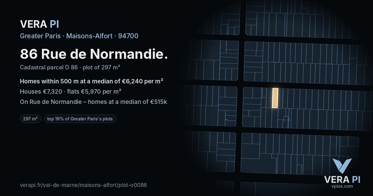 86 Rue de Normandie, Maisons-Alfort at night – the plot lit, the parcels around coloured by the prices near them