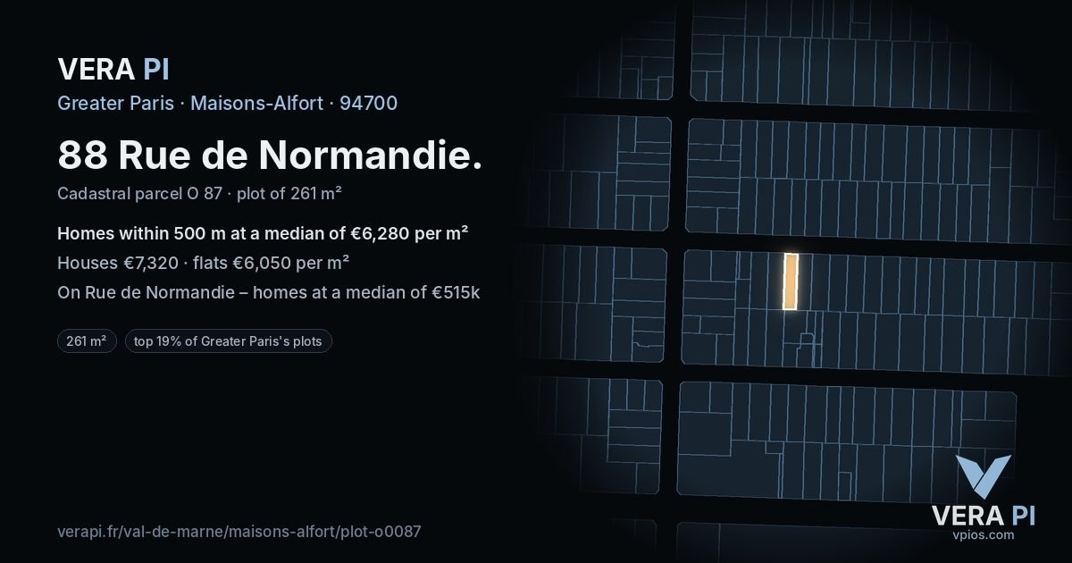 88 Rue de Normandie, Maisons-Alfort at night – the plot lit, the parcels around coloured by the prices near them