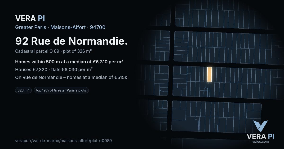 92 Rue de Normandie, Maisons-Alfort at night – the plot lit, the parcels around coloured by the prices near them