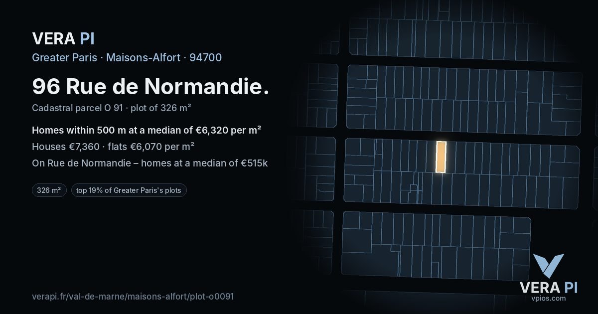 96 Rue de Normandie, Maisons-Alfort at night – the plot lit, the parcels around coloured by the prices near them