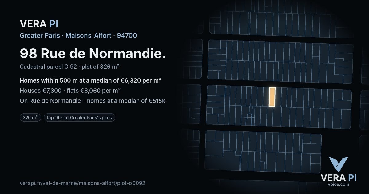 98 Rue de Normandie, Maisons-Alfort at night – the plot lit, the parcels around coloured by the prices near them