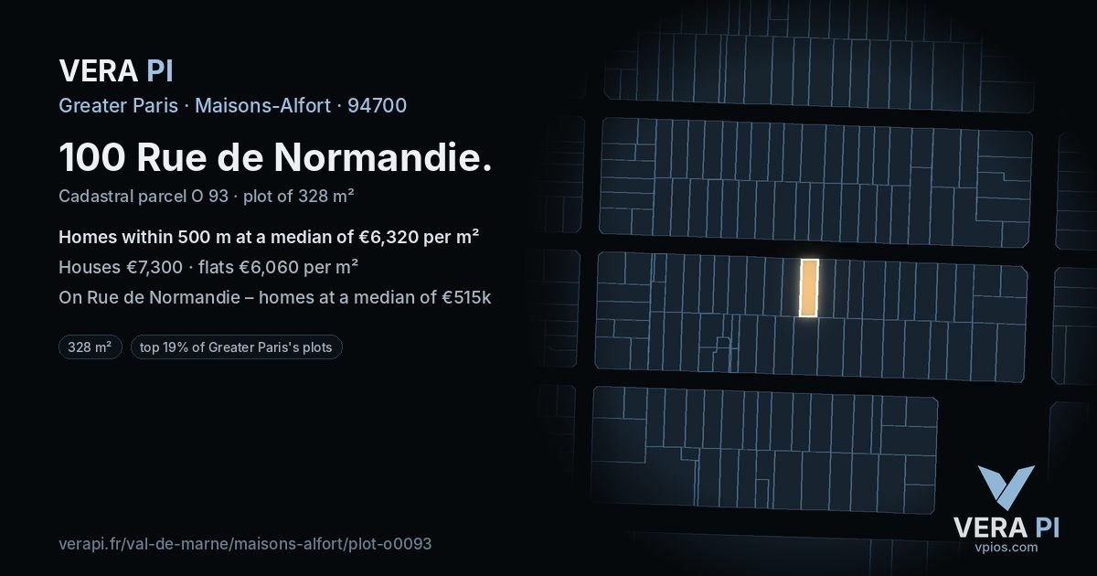 100 Rue de Normandie, Maisons-Alfort at night – the plot lit, the parcels around coloured by the prices near them