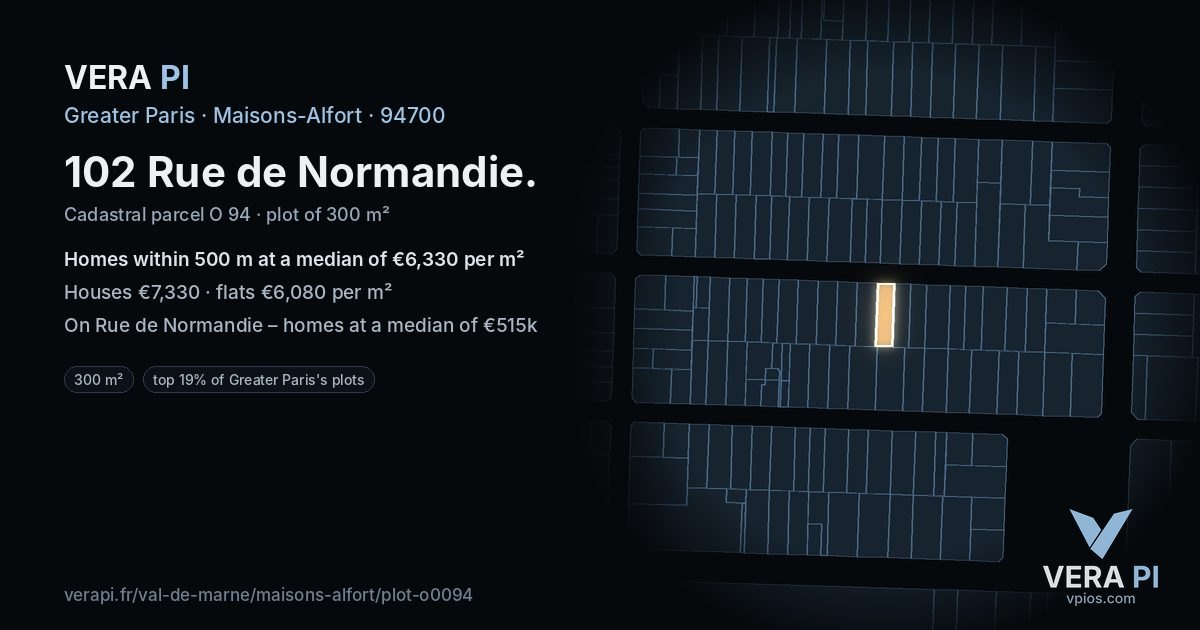 102 Rue de Normandie, Maisons-Alfort at night – the plot lit, the parcels around coloured by the prices near them