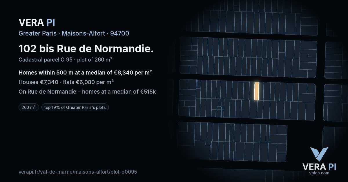 102 bis Rue de Normandie, Maisons-Alfort at night – the plot lit, the parcels around coloured by the prices near them