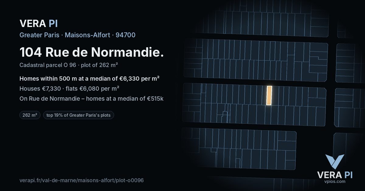 104 Rue de Normandie, Maisons-Alfort at night – the plot lit, the parcels around coloured by the prices near them