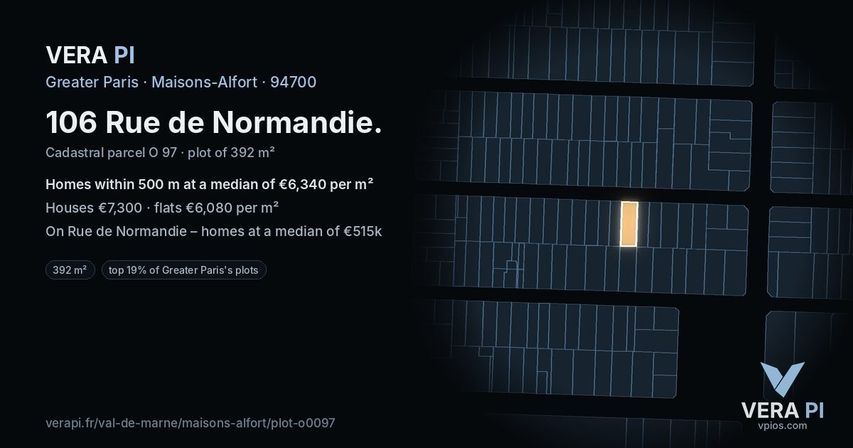 106 Rue de Normandie, Maisons-Alfort at night – the plot lit, the parcels around coloured by the prices near them