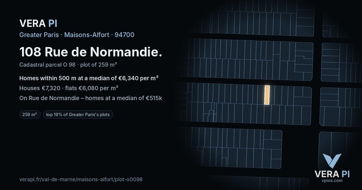 108 Rue de Normandie, Maisons-Alfort at night – the plot lit, the parcels around coloured by the prices near them