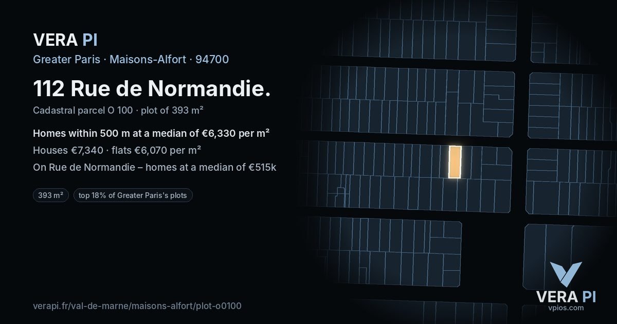 112 Rue de Normandie, Maisons-Alfort at night – the plot lit, the parcels around coloured by the prices near them