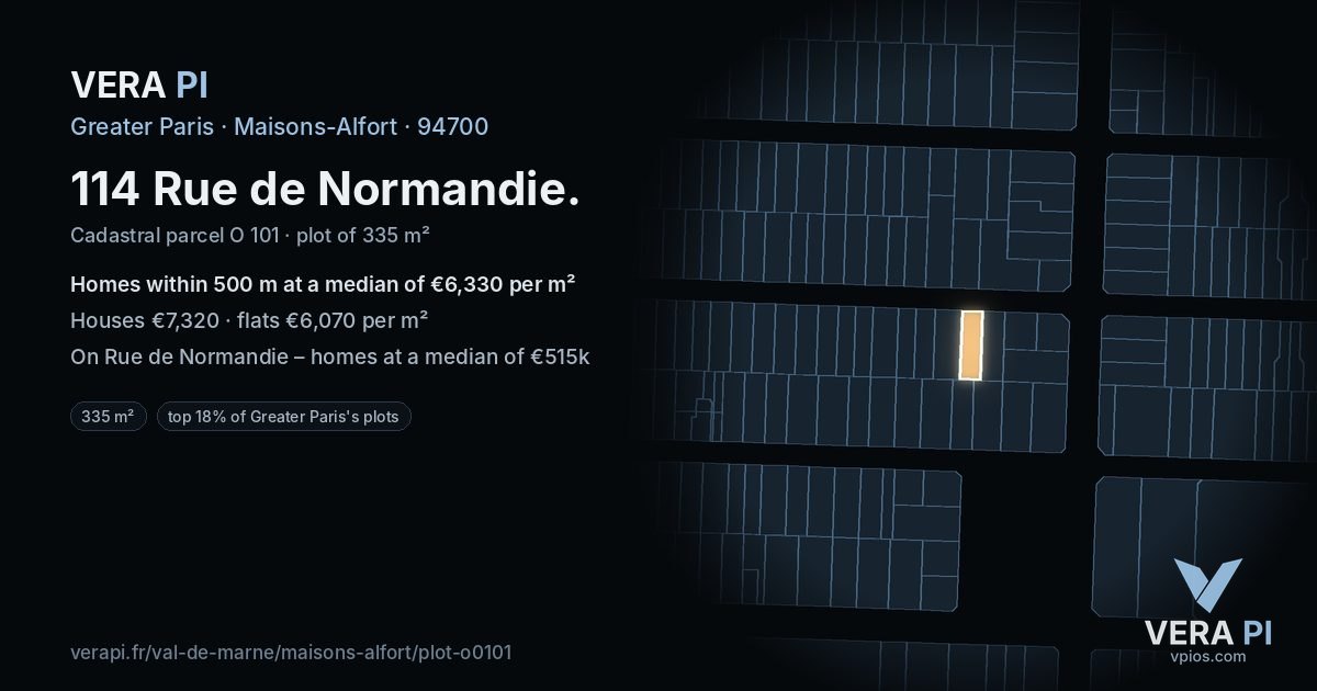 114 Rue de Normandie, Maisons-Alfort at night – the plot lit, the parcels around coloured by the prices near them