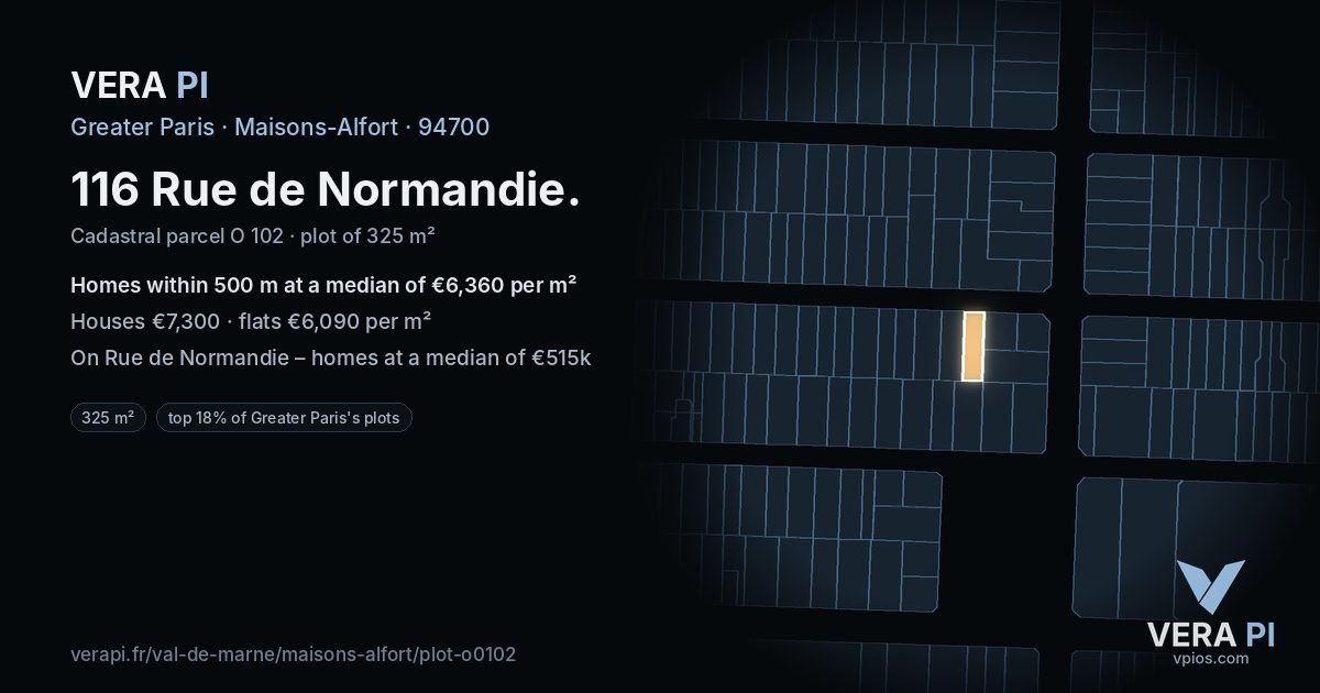 116 Rue de Normandie, Maisons-Alfort at night – the plot lit, the parcels around coloured by the prices near them