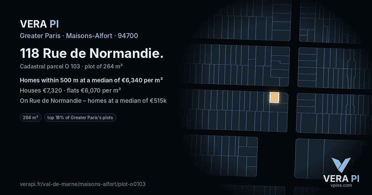 118 Rue de Normandie, Maisons-Alfort at night – the plot lit, the parcels around coloured by the prices near them