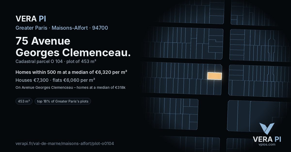 75 Avenue Georges Clemenceau, Maisons-Alfort at night – the plot lit, the parcels around coloured by the prices near them