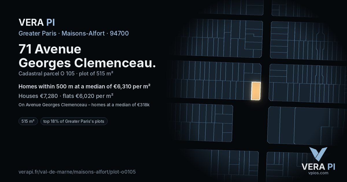 71 Avenue Georges Clemenceau, Maisons-Alfort at night – the plot lit, the parcels around coloured by the prices near them