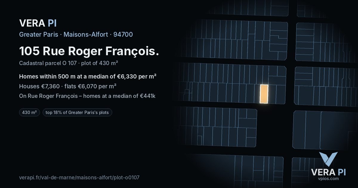 105 Rue Roger François, Maisons-Alfort at night – the plot lit, the parcels around coloured by the prices near them