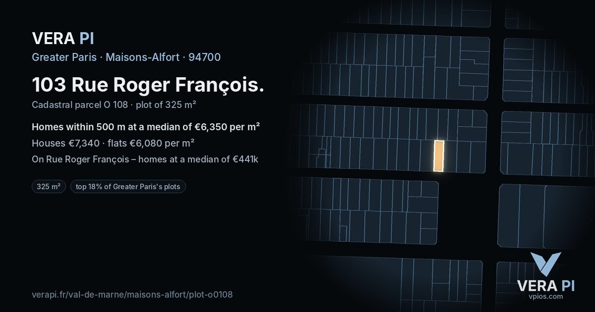 103 Rue Roger François, Maisons-Alfort at night – the plot lit, the parcels around coloured by the prices near them