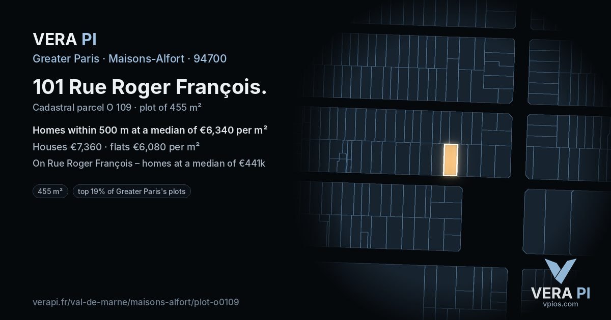 101 Rue Roger François, Maisons-Alfort at night – the plot lit, the parcels around coloured by the prices near them