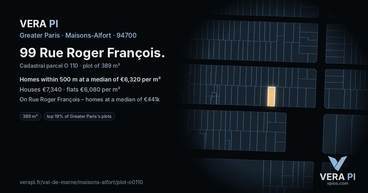 99 Rue Roger François, Maisons-Alfort at night – the plot lit, the parcels around coloured by the prices near them